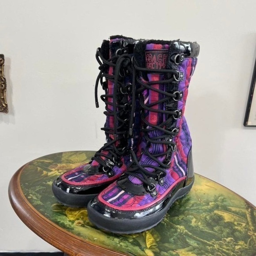 Vintage Y2K Coach Plaid‎ Faux Fur Lined Winter Lace-Up Boots plaid Print Size 6